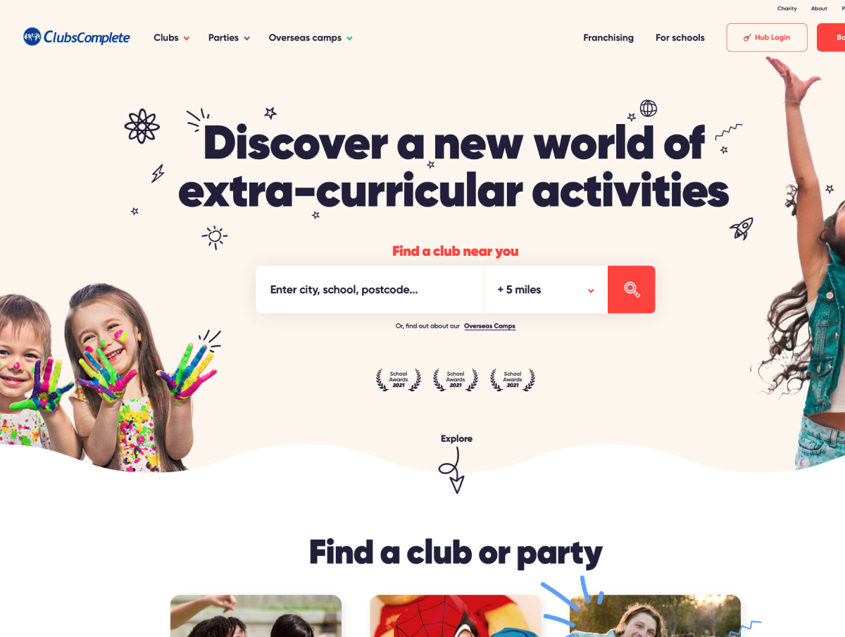 The vibrant front page of Clubcomplete, built with laravel