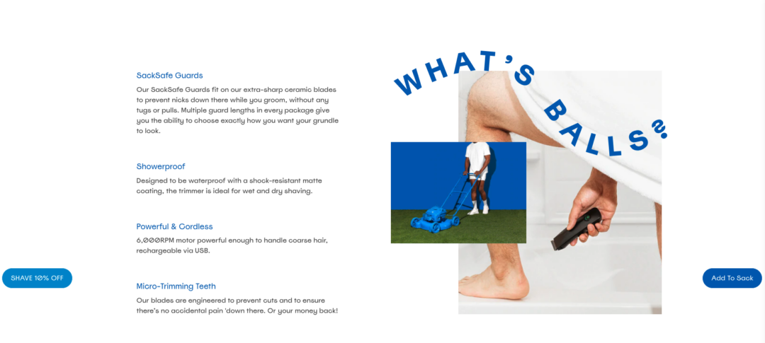 A screenshot showing the benefits and example imagery of a razor for men
