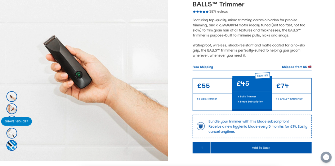 Here you can see a mens razor price options and a clear blue 'add to cart' button