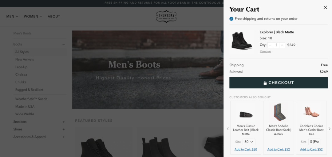 A screenshot of the Thursday Boots Cart. Below the boots there are belts, socks and boot trees available to add to cart