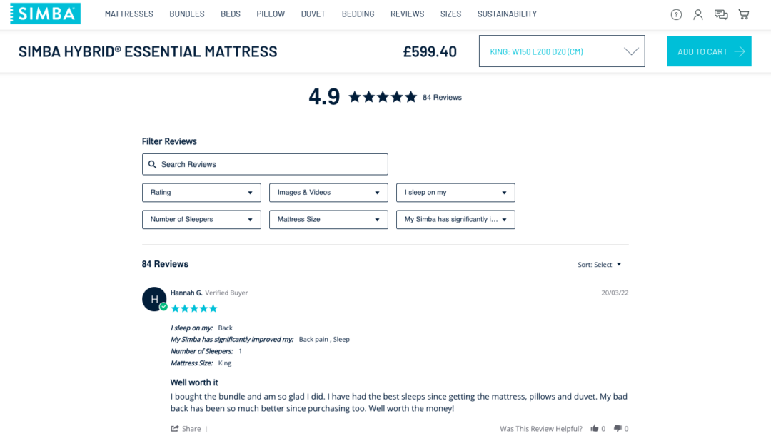 Screenshot showing the reviews of Simba mattresses and how you can toggle between number of sleepers, images and ratings