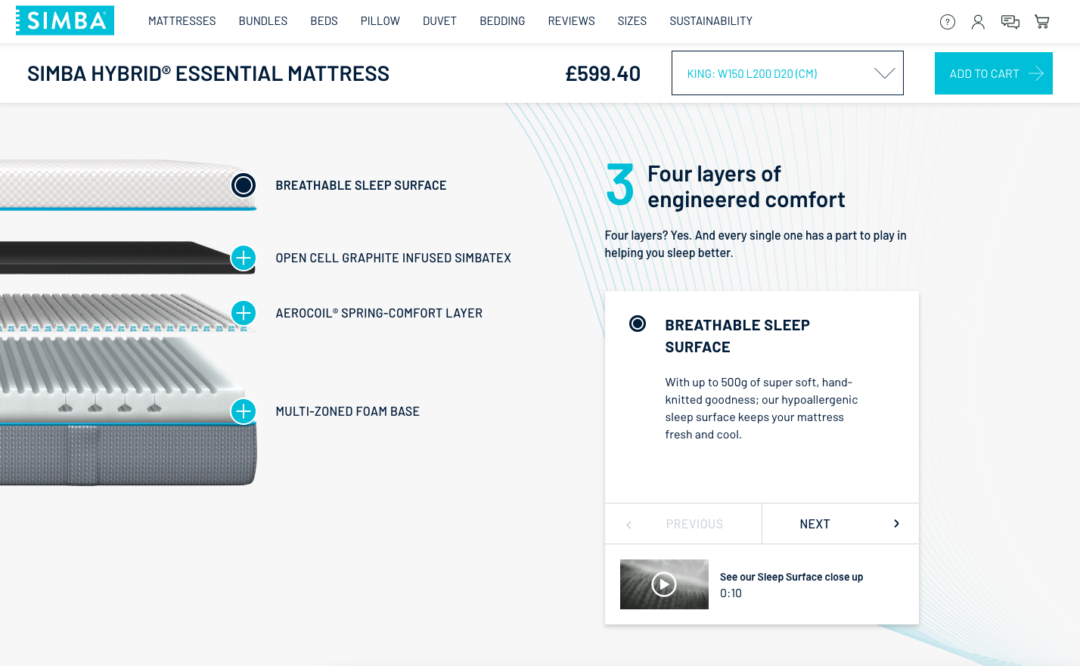 In this screenshot you can see a breakdown of the layers of a Simba Mattress